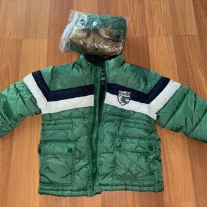 GAP Green and White Puffer Jacket with Sporty Stripes